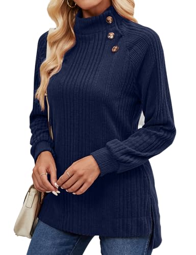 Akiooue Cashmere Jumpers Ladies, Long Sleeve Basic Tops Soft Feel Jumpers Turtleneck with Decorative Button Size 8-10 Navy Blue Size 12-14