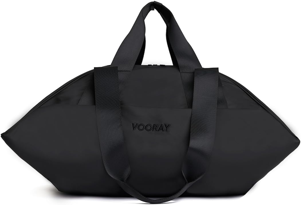 Vooray Studio Duffel Yoga Mat Bag and Gym Tote - features Yoga Mat Strap Handles with Snaps, Front Zipper Pocket, Shoulder Straps and Luggage Sleeve - 25L Capacity - Black