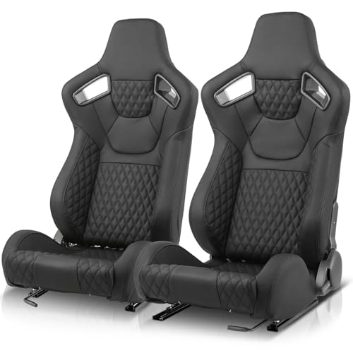 Auto Dynasty Pair of Racing Seat Universal Vinyl Leather Stitching Reclinable Bucket Seats with Bottom Mount Sliders, 37 (H) x 20.5 (W) x 21 (D) Inches, Driver and Passenger Side, Black