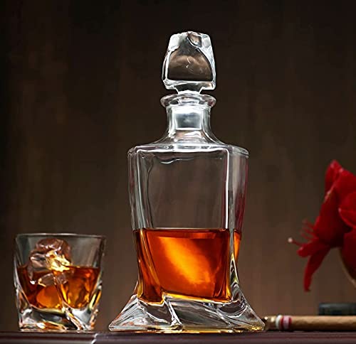 Image of Whiskey Decanter & Glasses Set, Large Lead-Free Crystal Glass, Tasting Cups Scotch Old Fashioned Glass, Wine Bottle for Drinking Irish Whisky, Bourbon, Tequila (Twist, 1 Decanter & 6 Glasses Set)
