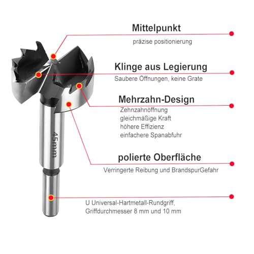 SUQIN Professional ForstnerBohrer Ø44MM,Flach Flügelbohrer Astlochbohrer Scharnierlochbohrer Topfbohrer Forstner Cutter mit Rundschaft Zum Bohren In Holz, Sperrholz,Kunststoff