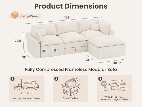 Image of COSIEST 108'' Boneless Sectional Couch, Modular Sectional Sofa with Ottoman, 4 Seater L Shaped Cloud Couch for Living Room, Beige