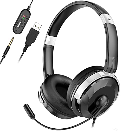 NPET CH10 USB Headset/ 3.5mm Computer Headset with Microphone Noise Cancelling, Stereo Lightweight PC Headset Wired Headphones, Business Headset for PCs, Tablets, Skype, Webinar, Cell Phone, Silver