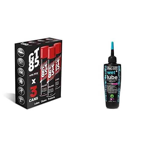 GT85GT85 Multi-purpose PTFE Spray Lubricant Penetrant and Water Displacer (3 x 400ml) & Muc-Off 967US Wet Chain Lube, 120 Millilitres - Biodegradable Bike Chain Lubricant
