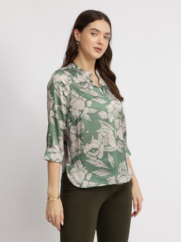 Image of FableStreet Women Shirt Work & Casual | Relaxed Fit Mandarin V-Neck Three-Quarter Sleeves Solid Pattern | Breathable Woven Fabric for Office & Everyday Wear