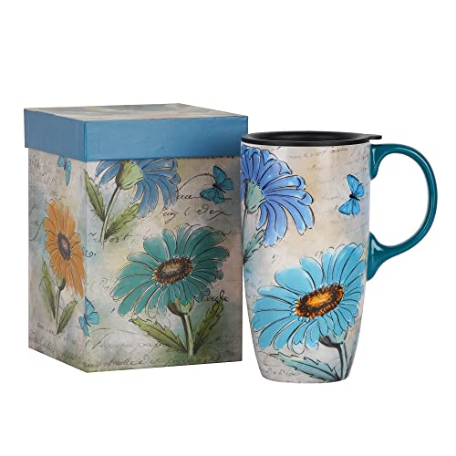 Topadorn Ceramic Travel Mug with Lid and Gift Box Latte Mug Coffee Cup, 17oz Large Capacity Mug Home Office Gift, Daisy