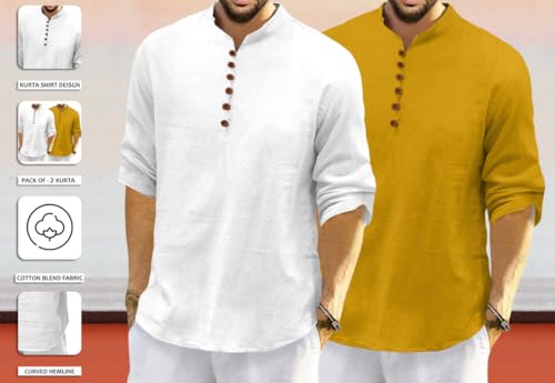 Image of ROYALSCOUT Men's Cotton Polyester Blend Solid Regular Fit Full Sleeve Short Kurta | Ethnic, Lightweight Summer Kurta for Daily & Occasion Use