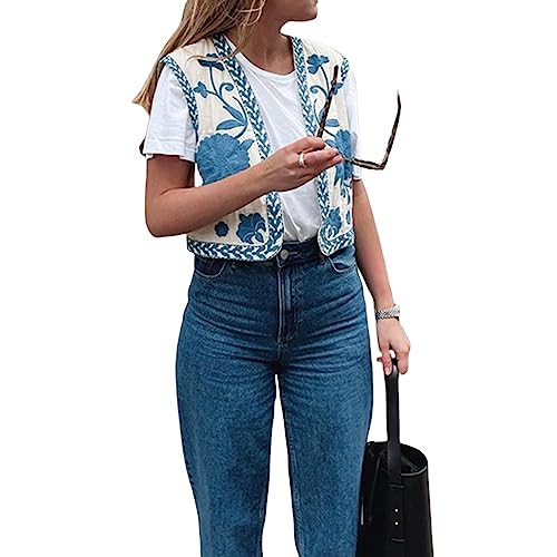 Women Embroidered Floral Vest Top Vintage Sleeveless Linen Open Front Cardigan Cropped Vest Shirt4