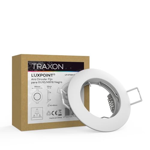 TRAXON LUXPOINT® Aro Circular Fijo DT001 para bombilla LED GU10 Marco de Bombilla Aluminio Corte techo Ø60mm (Blanco Circular, Pack 10 und)