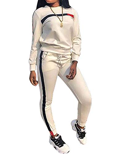 Women's 2 Piece Outfits - Stripe Patchwork Sweatsuits Long Short Sleeve Pullover Sweatshirt Skinny Pants Tracksuit Set (A# White, XXXL)