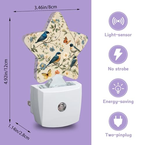 Image of Birds Butterfly Decorative Nightlight Plug in Wall,Watercolor Floral Star Shaped Night Light with Built in Sensor for Home Decor,Kitchen Hallway Stairs Desk Lamp