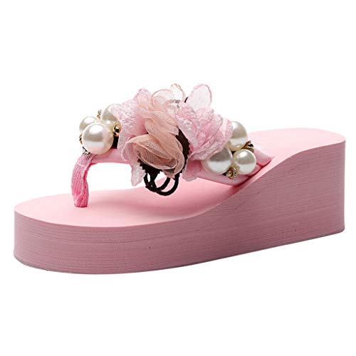 Women Floral Wedges Bohemian Style Flip Flops Sandals Slippers Beach Shoes Gladiator Sandals Pink