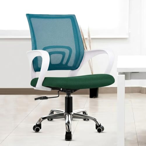 Image of Casa Copenhagen Mesh Mid Back Office /Study /Computer /Revolving /Desk Chair for Work from Home -Metal Base, Height Adjustable Seat - Green & White Handle