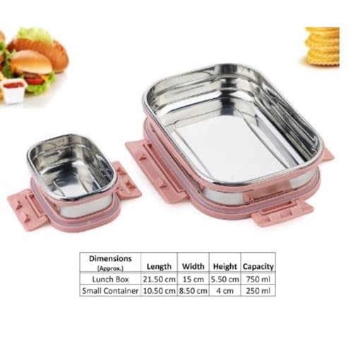 Image of BLLUEX Stainless Steel Tiffin Lunch Box with 4 Side Silicone Sleeve Clip Lock Lid, Food Storage Containers, Leak-Proof Bento Box Ideal for Work, School & Travel, 2 Containers (750ml and 250ml) - Pink