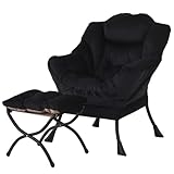 Welnow Lazy Chair with Ottoman, Modern Lounge Accent Chair with Armrests and a Side Pocket, Leisure Sofa Armchair, Reading Armchair with Footrest for Small Space, Black