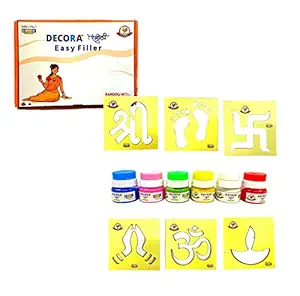 COCK BRAND Decora Easy Filler Rangoli Making Tools Kit Set for Holy Design Rangoli Making 6 Stencil Set of 6 Rangoli Fillers Powder Colour Pouches, 6 Stencils and 6 Rangoli Fillers - Made in India