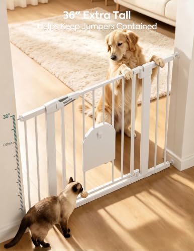 Image of Babelio 36 inch Tall Baby Gate with Adjustable Cat Door, CatPrivilege I, 29-43 inch | Auto Close, Safety Gate for Stairs, Easy Walk Thru with Pet Door, Includes 4 Wall Cups and 3 Extension Pieces, White