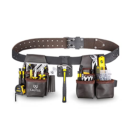 Image of LAUTUS Oil Tanned Leather Tool Belt Rig, Carpenter, Construction, Framers, Handyman - 100% LEATHER |Adjustable Pockets| 8 Pockets | 4 Loop & Hammer Holder|
