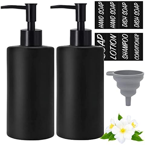 Matt-Schwarz Glas Seifenspender, 350ml Pumpspender, Spülmittel Flasche mit 8 Etiketten, 2 Untersetzer, 1 Silikon-Trichter, Soap Dispenser für Bad Dusche Arbeitsplatte Küche Waschküche, Rund Cover
