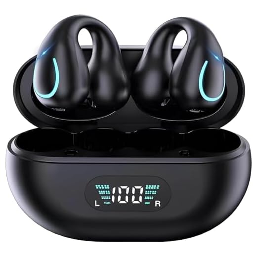 Open Ear Bone Conduction Headphones Wireless Clip On Earbuds with Digital Display Charging Case 60 Hours Playtime Built-in Mic IPX7 Waterproof Bluetooth 5.3 Sport Earphones for Running Fitness Black