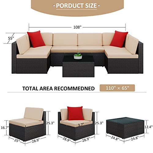 Greesum Patio Furniture Sets 7 Piece Outdoor Wicker Rattan Sectional Sofa With Cushions, Pillows & Glass Table, Beige #TOP6