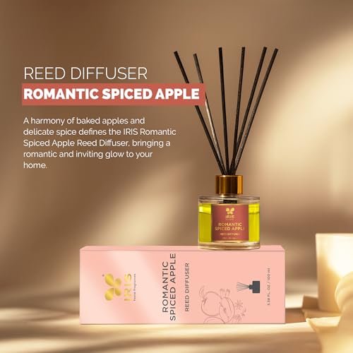 Image of IRIS Aroma Reed Diffuser - 100ml | Elegant Home Fragrance with 6 Fiber Reeds, Glass Round Bottle with Gold Cap | Aroma Diffuser for Cozy Decor & Gifting (Spiced Apple)
