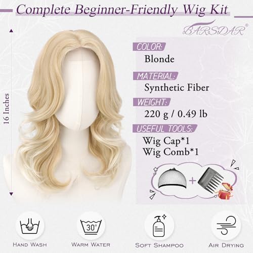 BARSDAR Short Wavy Layered Blonde Wig - Shoulder Length Wavy Blonde Wigs for Women - Short Loose Wave Textured Layered Wig with Face-Framing Curtain Bangs Soft Synthetic Natural Looking Daily Party