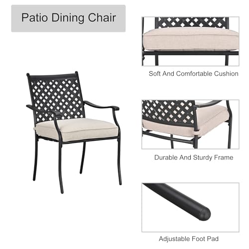 LOKATSE HOME 4 Piece Outdoor Patio Metal Wrought Iron Dining Chair Set with Arms and Seat Cushions - Beige - Thumbnail 4