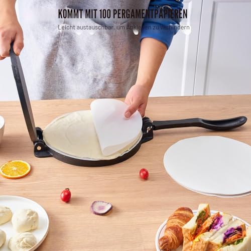 VEVOR Tortilla-Presse, 20 cm Taco Presse, Robuste Gusseisen-Tortilladora-Presse, Vorgewürzte Tortilla Maker Tortilla Hersteller mit 100 Stk. Pergamentpapier, Teigmaschine für Mehl-Tortilla, Schwarz