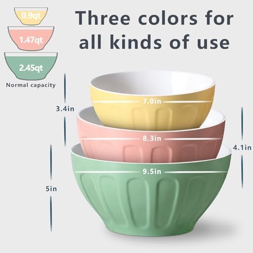 Lareina Ceramic Mixing Bowls for Kitchen, Large Nesting Mixing Bowl Set for Serving, Baking, Food Prepping, Cooking, Salad, Sourdough, Gift, Microwave Safe, Big 3.2/1.7/1.2 Qt, Set of 3, Pastel Color - Thumbnail 5