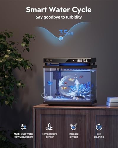 Image of Fish Tank Smart Aquarium Kit: 2 Gallon UHD Glass Silent Water Pump Self Cleaning Multi-Layer Filtration System - Temperature Sensing 7-Color Lighting for Small Fish Betta Room Desktop Decor - Black