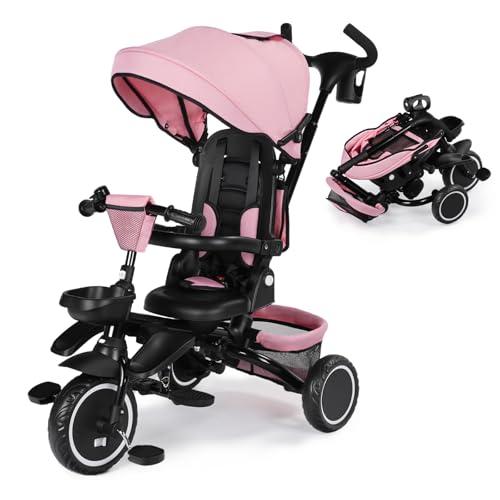 Kinder King Kids Tricycle, 8 in 1 Folding Toddler Trike w/Adjustable Push Handle, Rotatable Seat, Adjustable Canopy, Bell, Five-Point Harness, Storage, Toddler Stroller Bike for Age 6 Months+, Pink