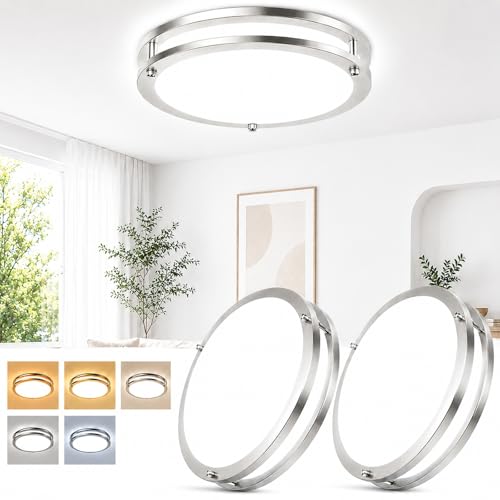 Image of 2-Pack 13in LED Flush Mount Ceiling Light Fixtures, 36W 3600LM Dimmable Close to Ceiling Light, 5CCT 2700K-6500K Adjustable, Modern Brushed Nickel Ceiling Lights for Kitchen Bedroom Bathroom Hallway