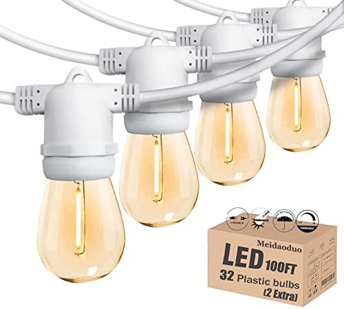 Meidaoduo Outdoor String Lights LED White 100FT Patio Lights String with 32 1W Dimmable Shatterproof Bulbs for Wedding Pergola Gazebo Bistro Outdoor Lights
