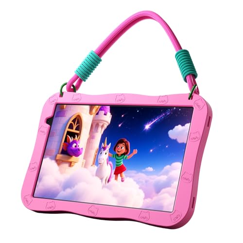 NEWISION 10 inch Kids Tablet,Android 15 Educational Learning Pad with Lanyard,32GB Storage,HD IPS Display,WiFi,Dual Camera,Parental Control,6000mAh Battery,Pink
