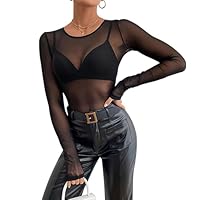 M Size Damen Sexy Netzoberteil Transparent Netz Oberteil Schwarz Mesh Sheer Top mit Rundhalsausschnitt für Clubwear, Partys und Alltagslooks - Weiches, Atmungsaktives Material für Komfort und Stil