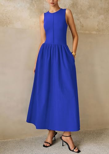 Image of PRETTYGARDEN Maxi Dresses for Women 2026 Summer Casual Sleeveless Patchwork Flowy Vacation Sundress Knit Long Work Tank Dress