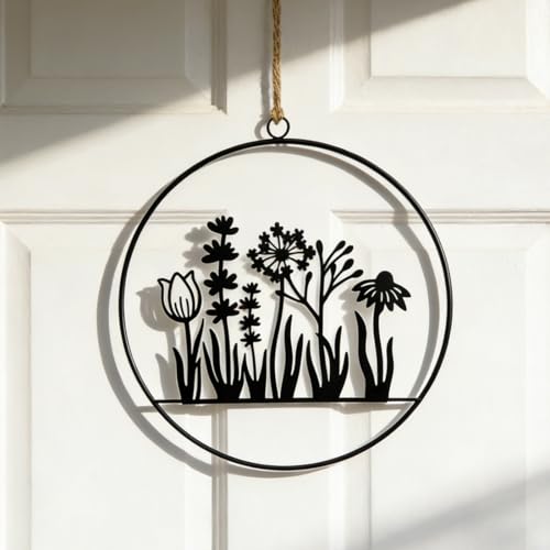 WRQIOO 25cm Türdeko Haustür aus Metall, Hängedeko Fenster Schwarz, Haustür Deko, Metall Türkranz Ganzjährig für Tür Wand Fenster Balkon Innen und Außen (Blumenornament)