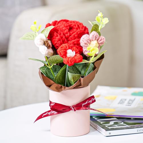 Image of Nostrae by Ekhasa Red Rose Crochet Flowers Bouquet (Small Size) | Knitted Flowers For Gifting | Woolen Bouquet Perfect For Crochet Gifts | Handmade Bouquets Gift