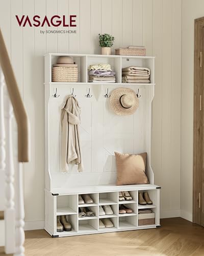 VASAGLE Hall Tree with Bench and Shoe Storage, Coat Rack with Shoe Bench, Entryway Furniture, 16 Open Compartments, 6 Tri-Hooks, Farmhouse Style, Space Saving, Rustic White UHSR427W02