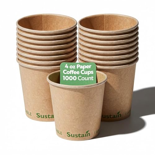 Image of Restaurantware-Sustain 4 Ounce BPI-Certified Hot Cups, 1000 Single Wall Coffee Cups - Lids Sold Separately, Leakproof PLA Coating, Compostable Kraft Paper Cup, For Hot Or Cold Drinks