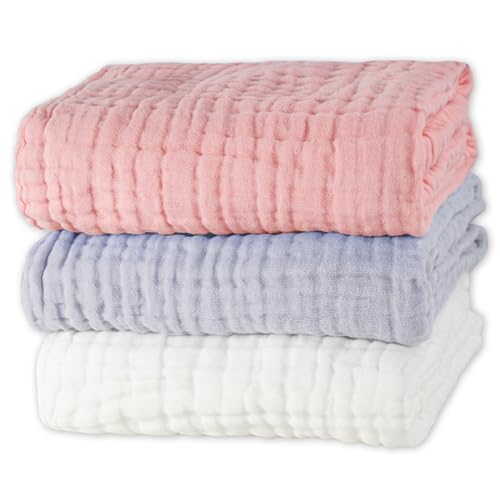 Image of FOOK FISH Muslin Baby Towel Super Soft 3 Pack Cotton Bath Washcloth 6 Layers Infant Towel Newborn Washcloth Blanket Suitable for Baby's Delicate Skin 40 x 40 inches