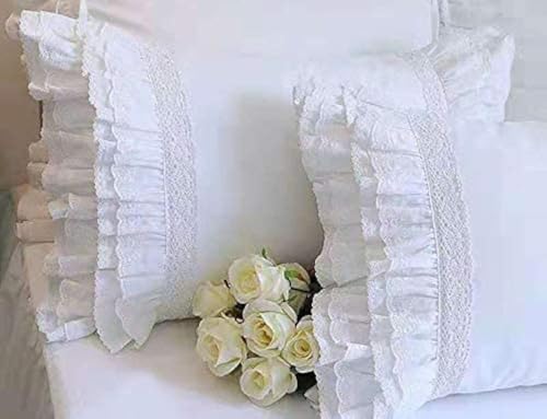 2-Pack White Pillow Shams Shabby Chic Pillowcases with Lace Ruffles Vintage Pillow Covers Cotton Queen Size 20
