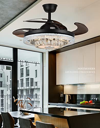 Fandian 42” Modern Smart Ceiling Fan With Lights Remote Control Fandelier, Black Reverse Retractable Crystal Chandelier With Bluetooth Speaker Dimmable Lighting For Indoor Decor #TOP6