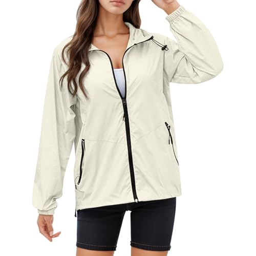 Generisch Abrigo ligero con cremallera para mujer, chaqueta con capucha de manga larga, chubasquero plegable, chubasquero para mujer, azul, resistente al agua, beige, XL