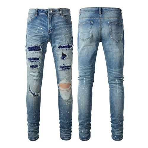Jeans Pants Trousers Denim Trendy Street Ripped Distressed Hole Personalized Stretch Slim Fit Light Blue Zircon Shining Small Straight Leg for Men(Light Blue,33)4