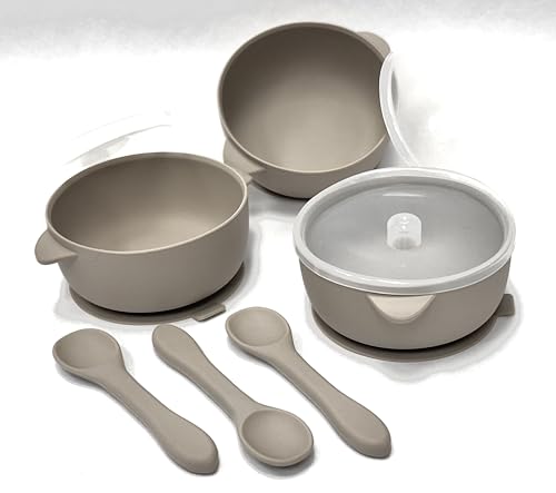 Beige Kotaria 3 Bowl set in beige includes 9 piece gender neutral Silicone Toddler feeding Bowl, set includes 3 bowls, 3 lids, 3 spoons all matching