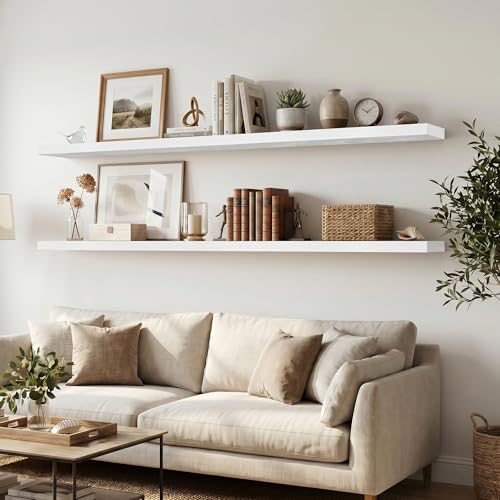 Image of Fun Memories 12 Deep Floating Shelves for Wall, 55W x 12D Extra Large Floating Shelves Set of 2, Hanging Wood Wall Shelves for Living Room, Kitchen, Bedroom, Farmhouse, Laundry Room, Office - White