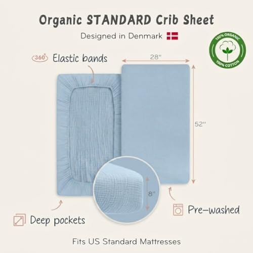 Image of Crib Sheets - Organic Cotton Muslin Fitted Crib Sheet - Standard Size for Baby Boy 28 inch x 52 inch Ultra-Soft and Breathable (Baby Blue)
