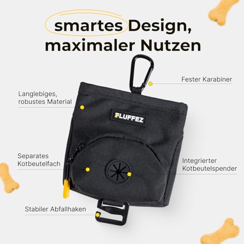 Fluffez kleine Leckerlibeutel mit Kotbeutelspender – Magnetverschluss, Karabiner & Klett – kompakte Leckerlitasche für Hunde – Ideal für Hundetraining & Spaziergänge